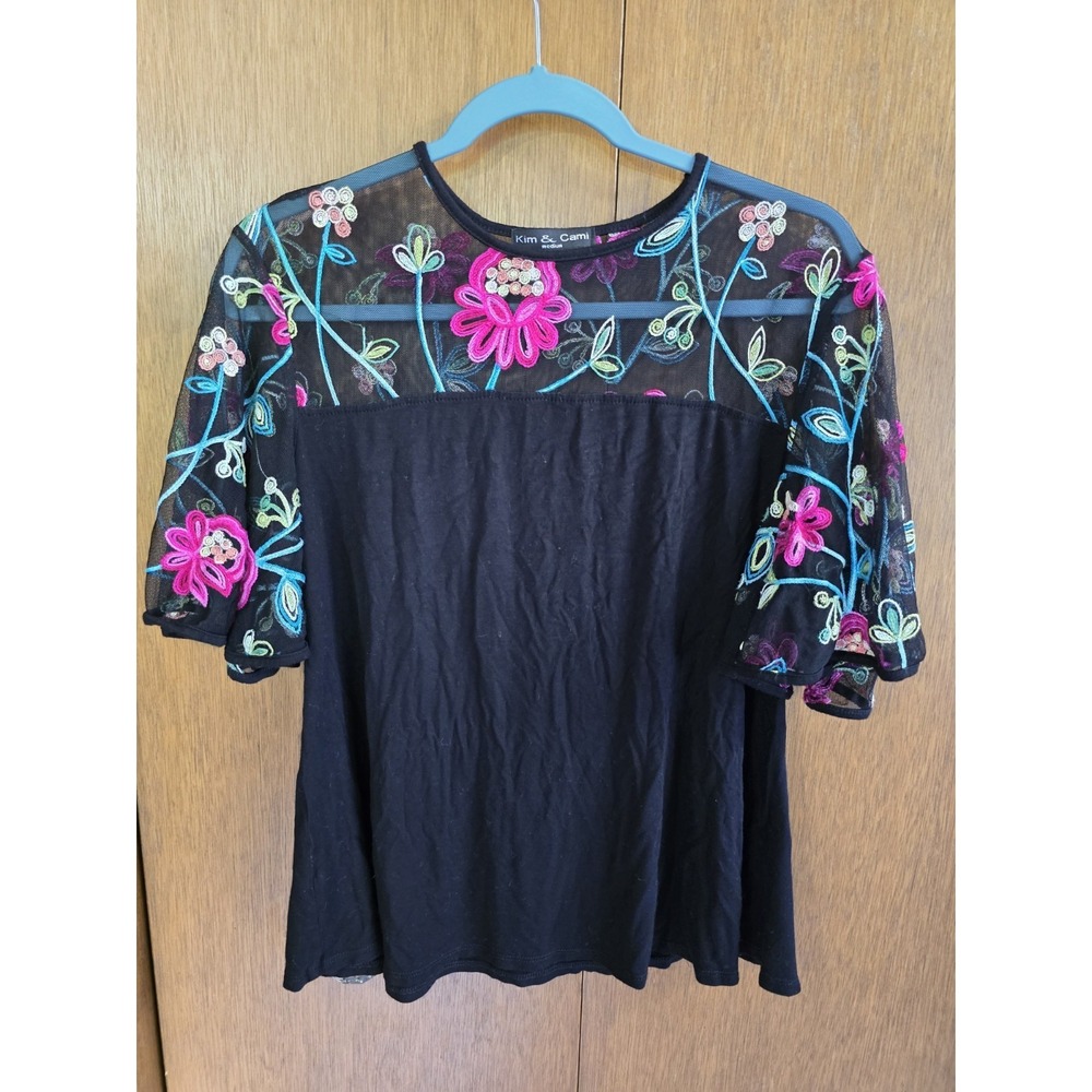 Kim & Cami Women's  Sz M Black Floral Embroidered Illusion Mesh Bell Sleeves Top
